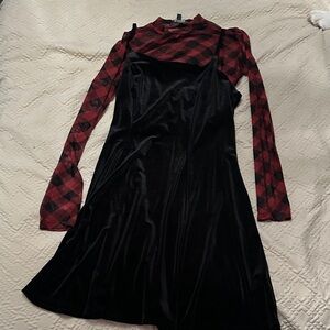 Lily Rose Black Velvet Dress with Red Plaid Sleeves